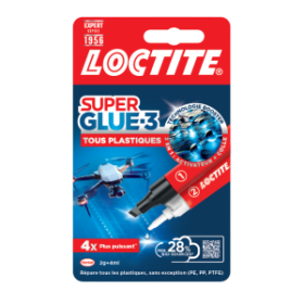 LOCTITE Colles Cyanoacrylates SUPERGLUE-3 Spécial Plastiques Tube 2g + Stylo 4ml Blister 12uc